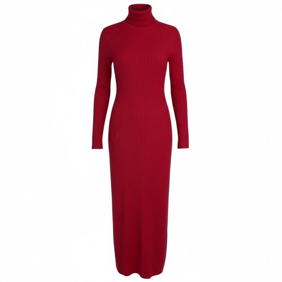 NWOT Stunning Red Carlisle Silk Cashmere Cotton Rib Knit Turtleneck Midi Dress - Picture 2 of 8